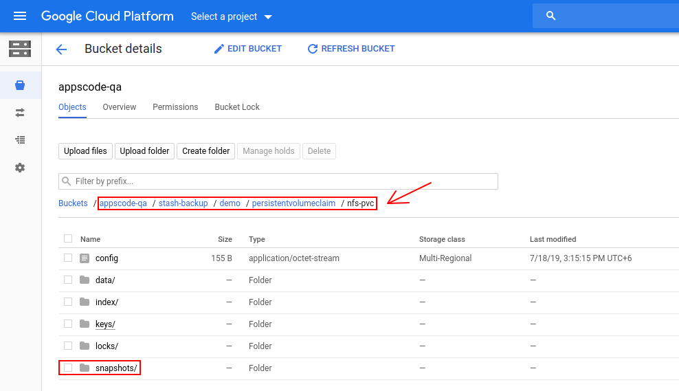 Backup data of PVC 'nfs-pvc' in GCS backend