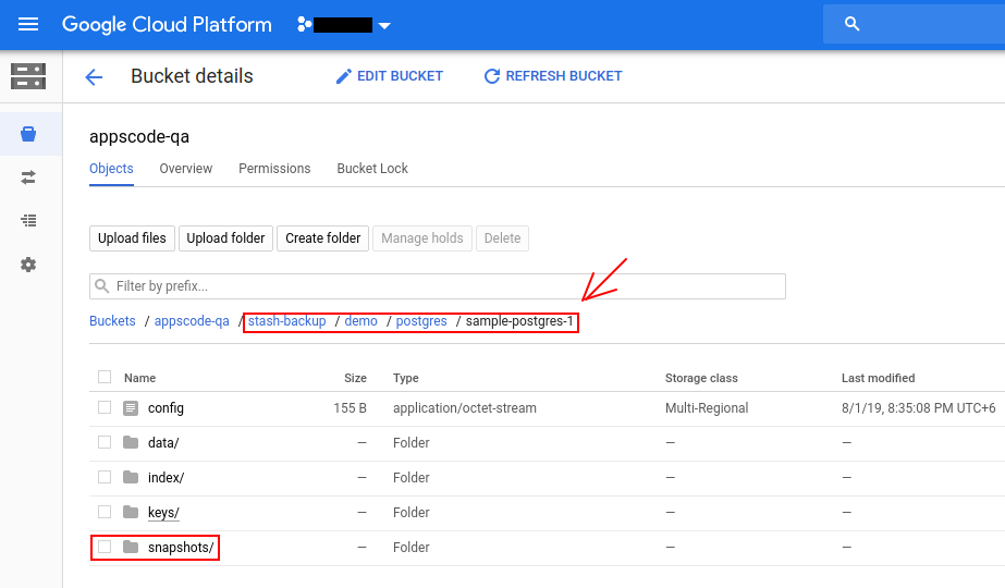 Backup data of PostgreSQL 'sample-postgres-1' in GCS backend