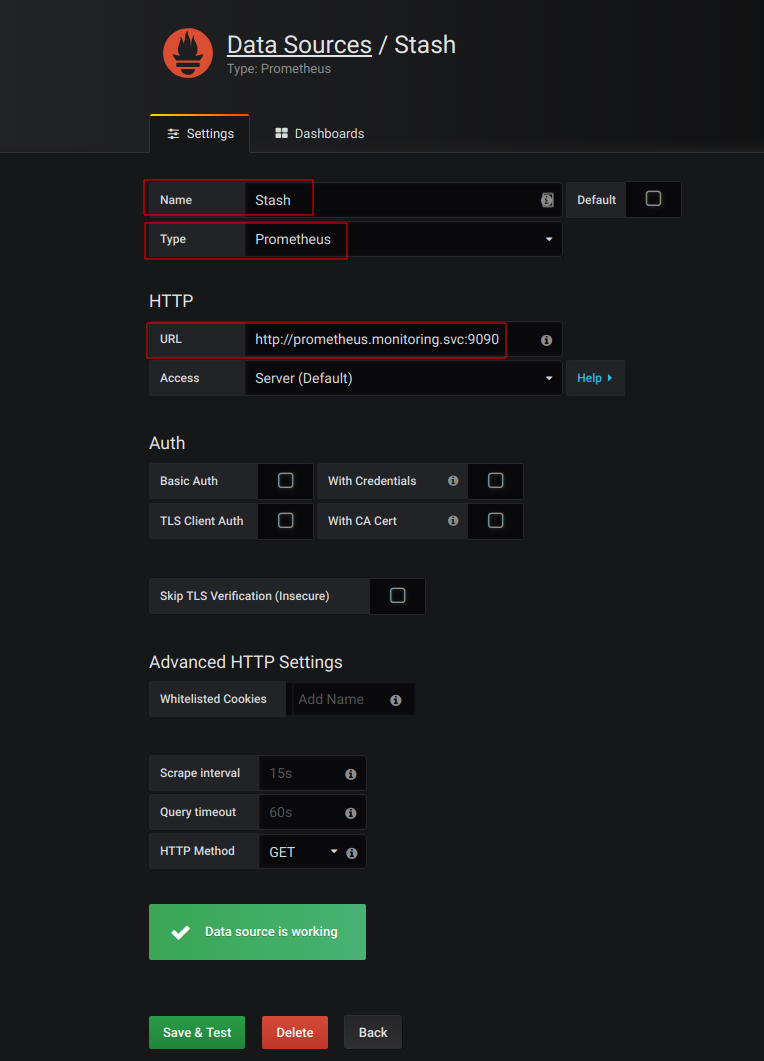 Grafana: Configure data source